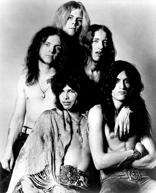 Along with Steven (bottom center) the group consists (seen clockwise from Steven) Joey Kramer (drums) of, Tom Hamilton (bass), Brad Whitford (guitar) and Joe Perry (guitar); pictured in 1974