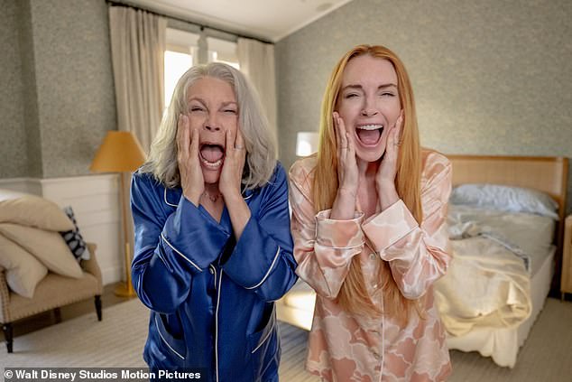 Lindsay executive produced and reprised her role as Anna Coleman opposite Jamie Lee Curtis (L) in Nisha Ganatra's mother-daughter swap sequel Freakier Friday, which hits US/UK theaters August 8