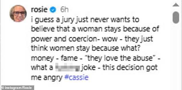 Rosie admitted the jury's verdict made her 'angry' and suggested there was a misogynistic element at play in their decision process