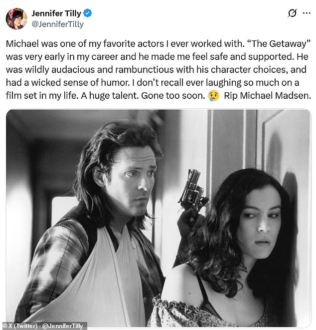Jennifer Tilly tweeted a still of herself in the 1994 movie The Getaway, which starred them along with Alec Baldwin, Kim Basinger and James Woods