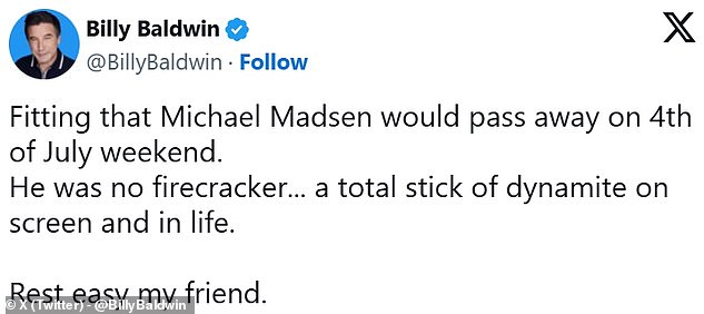 Alec Baldwin's brother Billy Baldwin paid his own tribute, hailing his 'friend' dynamite as 'a total stick of dynamite on screen and in life'