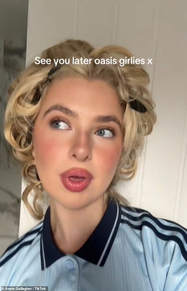 Showing support for her father, Anais wore a light blue Oasis X Adidas polo shirt and had her golden locks clipped back as she curled her hair ready for the big show