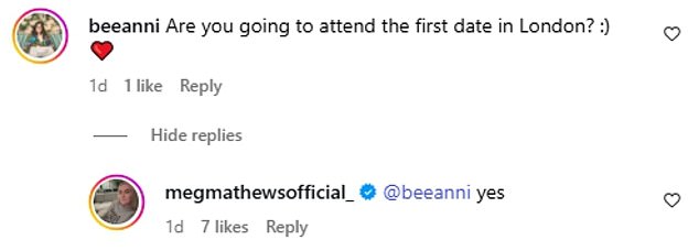 Though they are just friends, Meg confirmed she is supporting her ex Noel and his brother Liam, 52, upon their long-awaited return to stage and will be attending their first London show