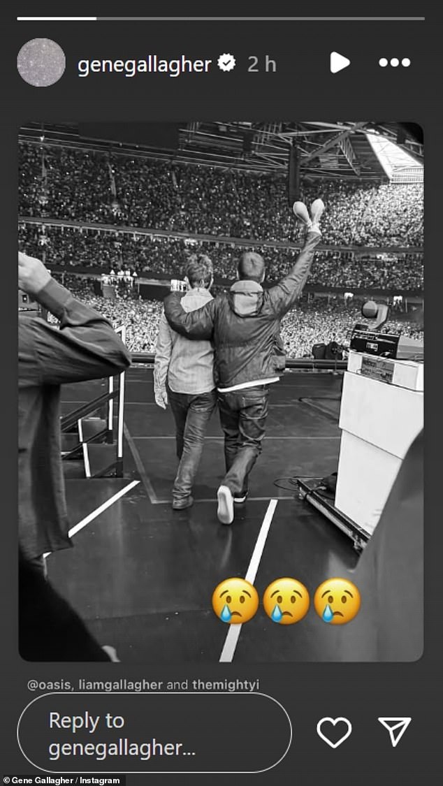 Elsewhere, Liam's son Gene Gallagher shared a snap of the brothers alongside crying emojis, seemingly meaning he wasn't in attendance