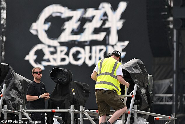 Technicians were seen setting up Ozzy's set-up on the eve of the historic concert
