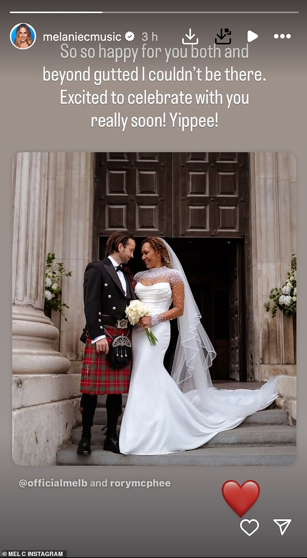 Whilst it is unknown why she was unable to attend, she still wanted to share her excitement and happiness for the pair and took to her Instagram to share a photograph of the newlyweds
