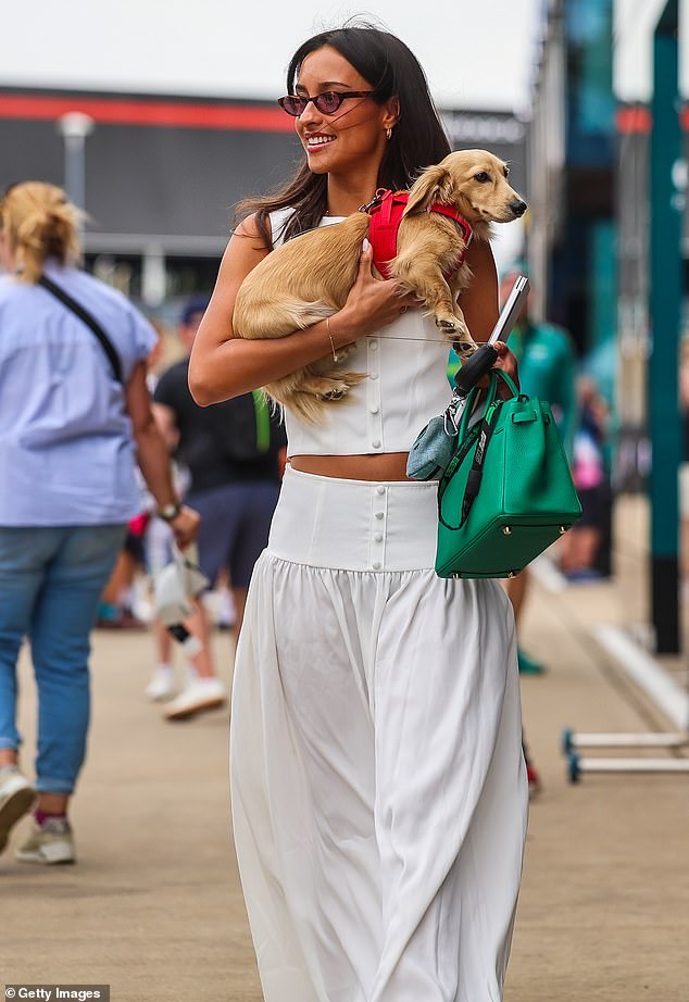 Alexandra Saint Mleux, the girlfriend of Ferrari driver Charles Leclerc, wore a PrettyLittleThing co-rd as she brought her pet dog along on Sunday