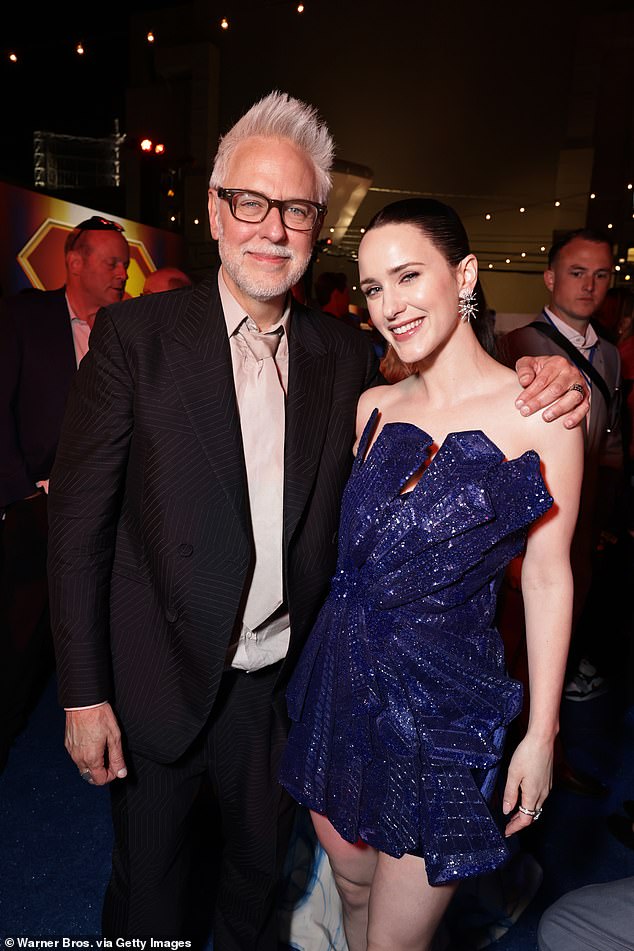 At the after party, Rachel maintained the purple theme yet slipped into a tiny mini as she brushed shoulders with the stars, including director James Gunn