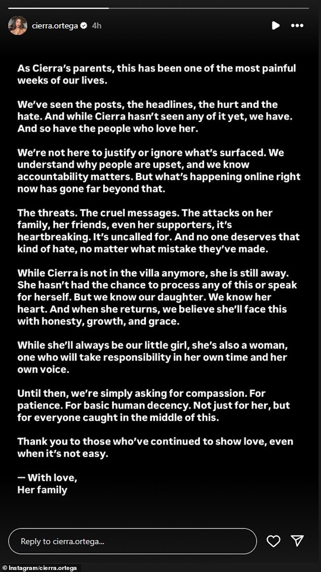 On Sunday, the 25-year-old reality star's parents shared a statement via Instastory on her account about 'the most painful weeks of our lives'