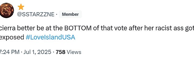 X user @SSTARZZNE added, 'cierra better be at the BOTTOM of that vote after her racist a** got exposed #LoveIslandUSA.'