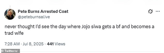 'Never thought I'd see the day where JoJo Siwa gets a boyfriend and becomes a trad wife,' one person wrote on X