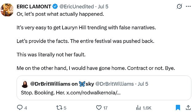 However, others defended Hill, including Eric Lamont (@EricUnedited), who quote-retweeted Brit's tweet, clarifying what happened.
