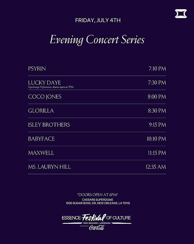 Glorilla was slated for 8:30, followed by The Isley Brothers at 9:15, Babyface at 10:10, Maxwell at 11:15 and Lauryn Hill closing out the night at 12:35 AM.