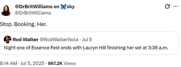 Brit Williams (@DrBritWilliams) quote-retweeted another tweet that said her set ended at 3:37 AM, adding, 'Stop. Booking. Her.'
