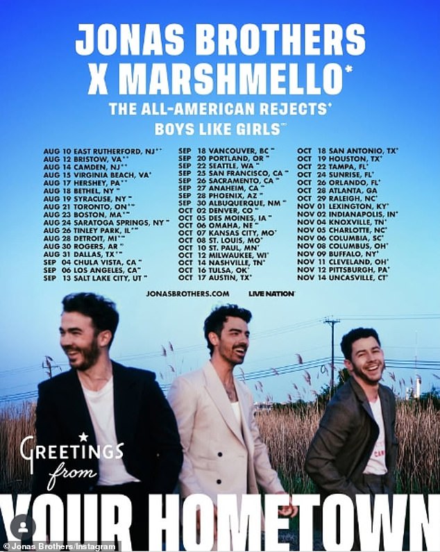 The Jonas Brothers will then kick off their 52-date Jonas20: Living the Dream Tour, in honor of the band's 20th anniversary, on August 10 at MetLife Stadium in East Rutherford, NJ
