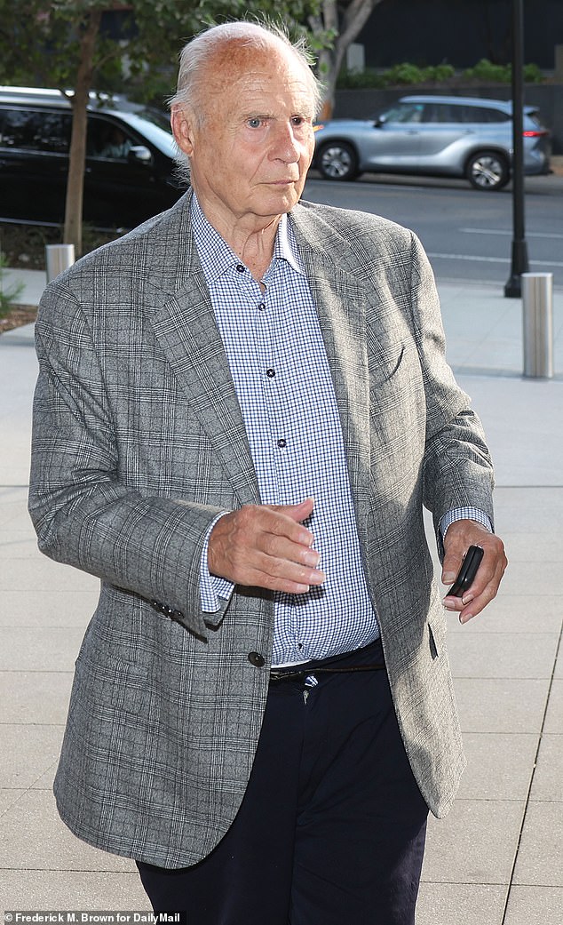 The 86-year-old disbarred lawyer - who's suffering from dementia and Alzheimer's - was also fined $35K and ordered to pay restitution of $2.3M during the fraud trial (pictured August 7)