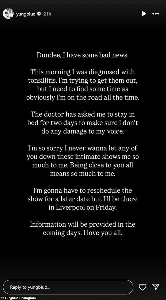 He penned on Instagram on Wednesday: 'Dundee, I have some bad news. This morning I was diagnosed with tonsillitis'