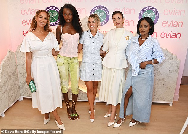 Leona Lewis, Leomie Anderson, Ashley Roberts, Amy Jackson Westwick and Keisha Buchanan (L-R) all got together for a photo in the Evian VIP suite
