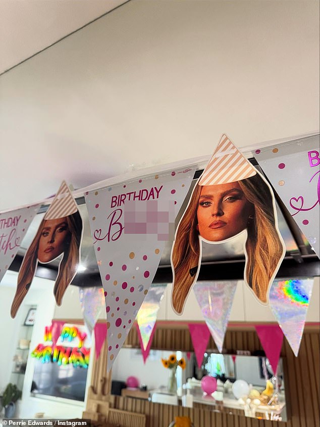 Back at home, their home was decorated with rainbow balloons and fun banners of Perrie's face alongside the words 'birthday b****'