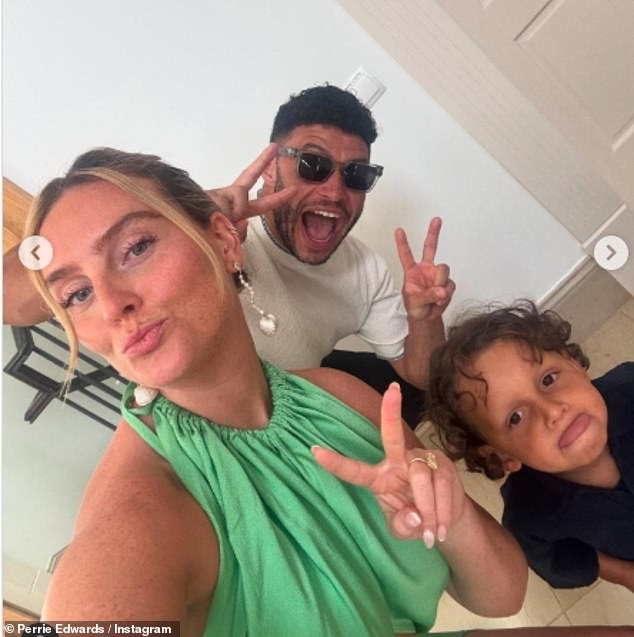 In the pictures Perrie, looked incredible in an emerald halterneck dress which featured a gathered design around the chest (pictured with Axel)