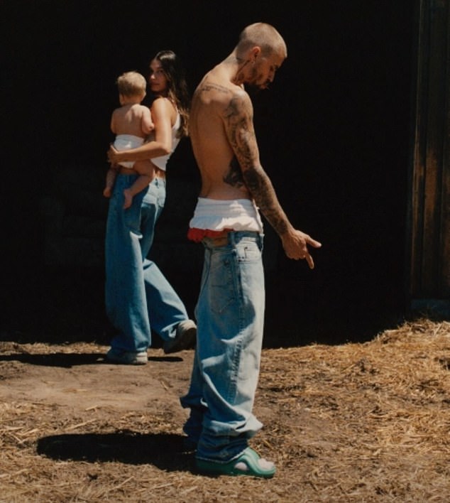 Justin's wife Hailey and 11-month-old son Jack Blues posed with the star for the album's cover art