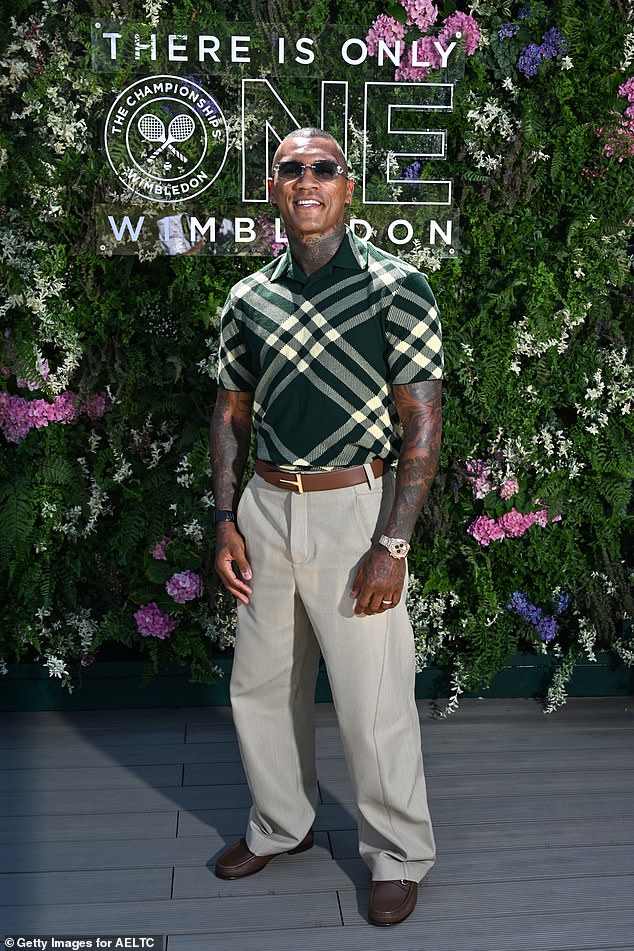 British boxer Conor Benn opted for a black plaid top and beige trousers