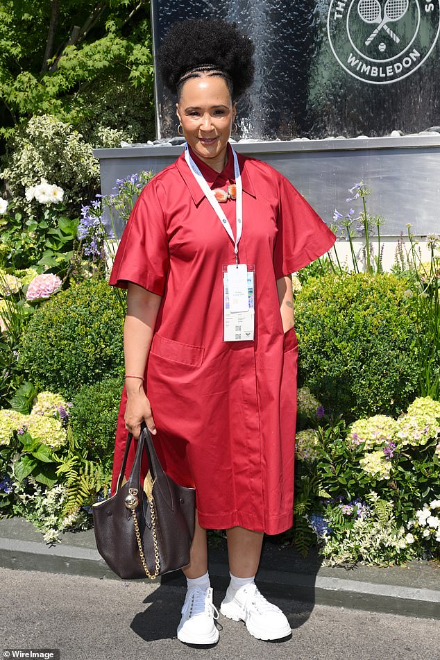 The Bridgerton actress paired her dress with white trainers and a dark brown leather bag