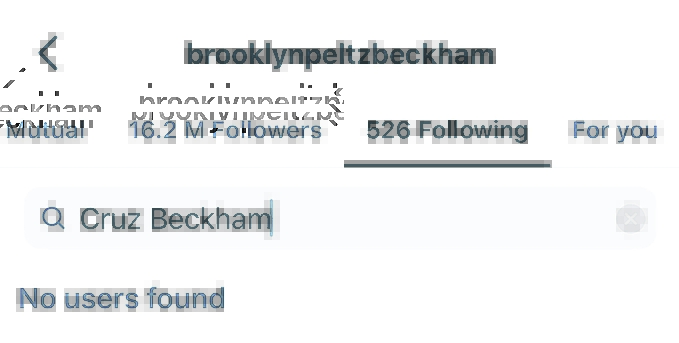 Screenshot of a search for Cruz Beckham on Brooklyn Peltz Beckham's social media profile, showing no results.