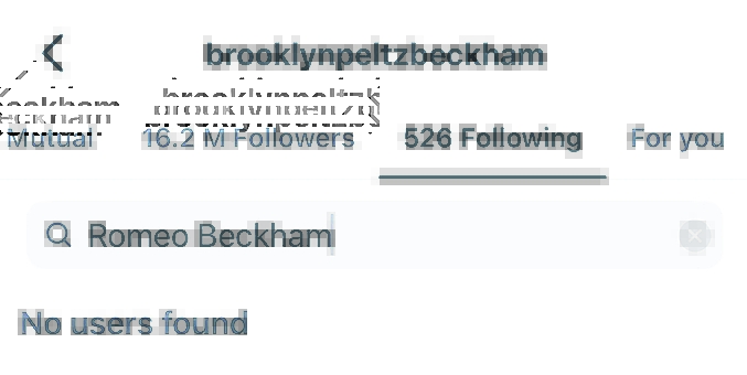 Screenshot of Instagram search for Romeo Beckham, showing no results.