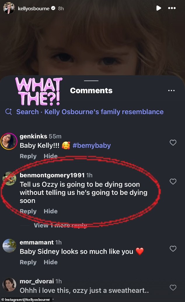 Kelly additionally included a screenshot to give an example of comments filtering on social media platforms such as: 'Tell us Ozzy is going to be dying soon without telling us he's going to be dying soon'