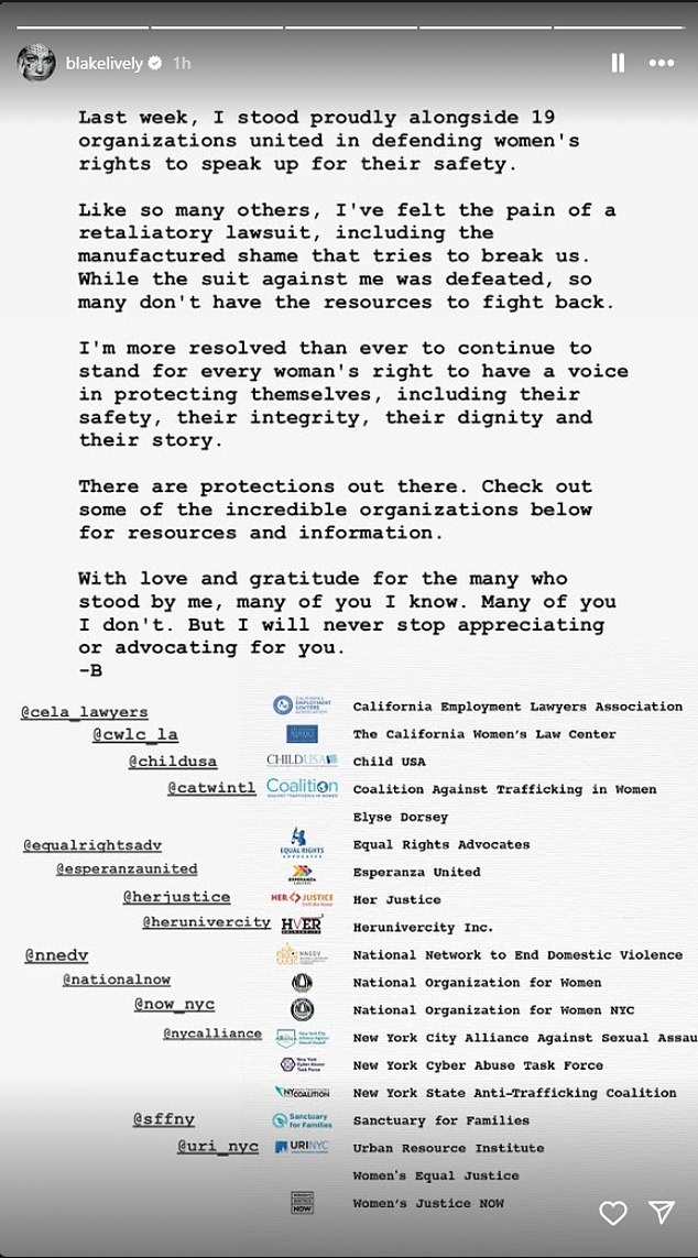 The star of films such as The Town and The Shallows posted a statement to her Instagram Stories amid the  momentous legal proceedings June 9