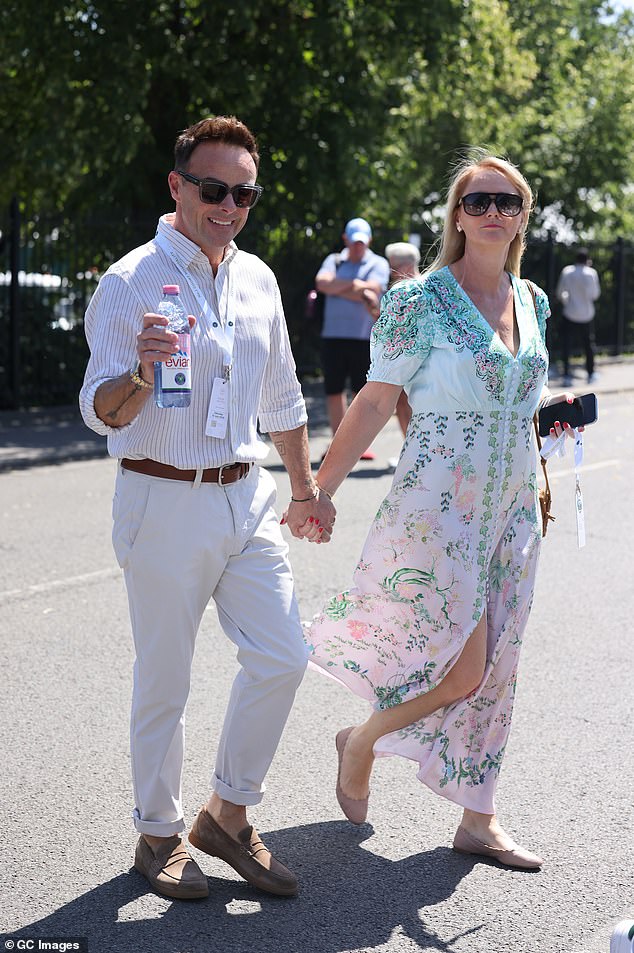 Ant McPartlin was all smiles as he arrived hand in hand with his wife Anne-Marie Corbett who wore a floaty floral dress