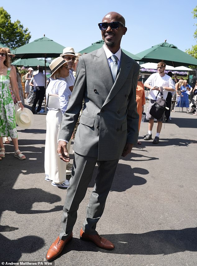 Meanwhile Sir Mo Farah opted for a green suit, blue tie and terracotta shoes as he beamed in snaps