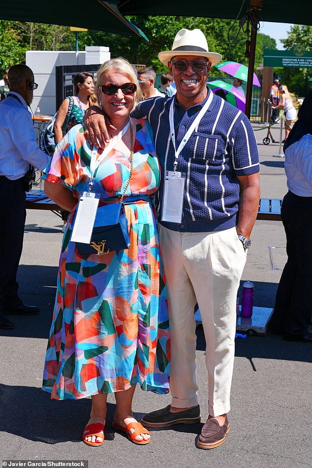 Ian Wright was joined by English professional football manager Emma Hayes who opted for a bold colour print summer dress and Louis Vuitton blue handbag