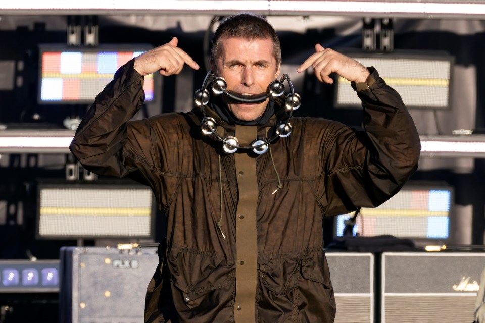 Liam Gallagher of Oasis performing at a concert, holding a tambourine.
