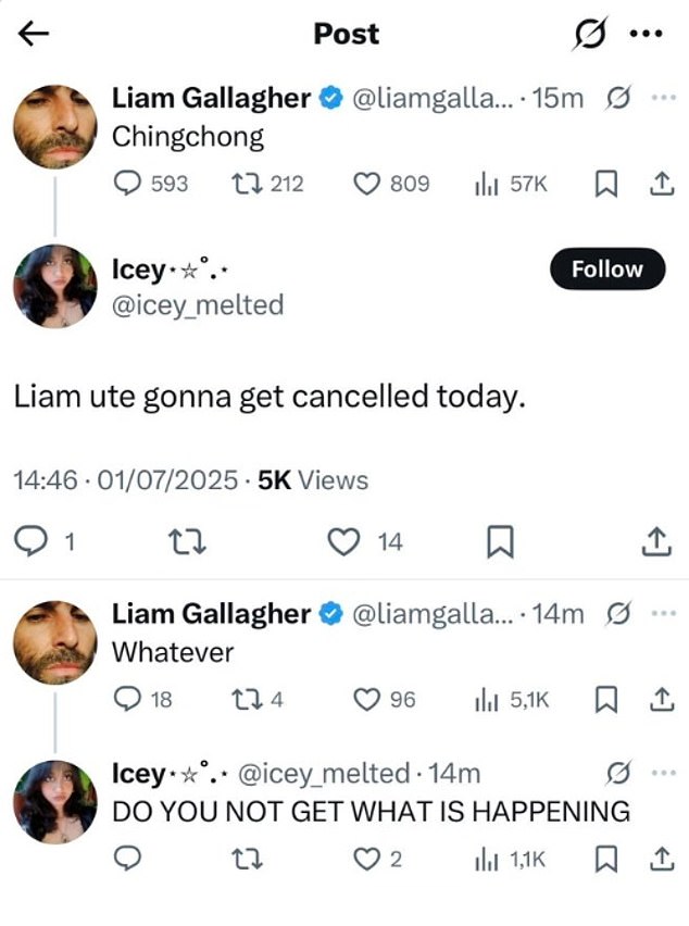 Liam replied to one fan warning him he'd be cancelled by saying: 'Whatever'