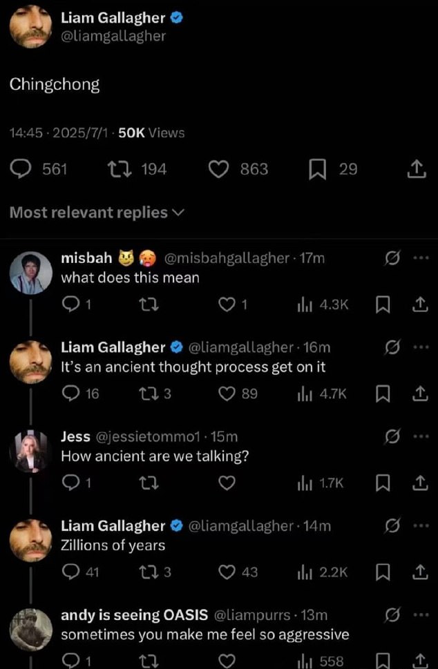 Liam appeared to tweet the phrase two weeks ago, responding to critics by claiming: 'it's an ancient thought process get on it.'