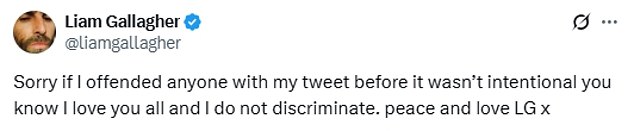 But he seemed to have learned the error of his ways, after deleting the original tweet and taking to X once again to apologise and insist his use of the slur wasn't 'intentional'