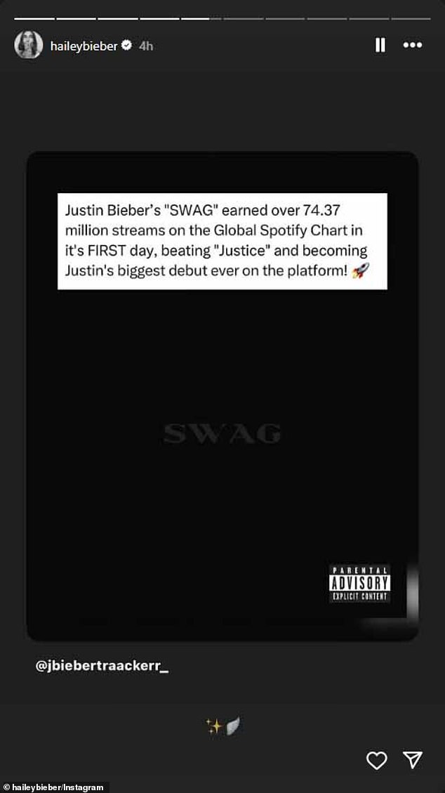Hailey also jumped to her Instagram stories and shared: 'Justin Bieber's