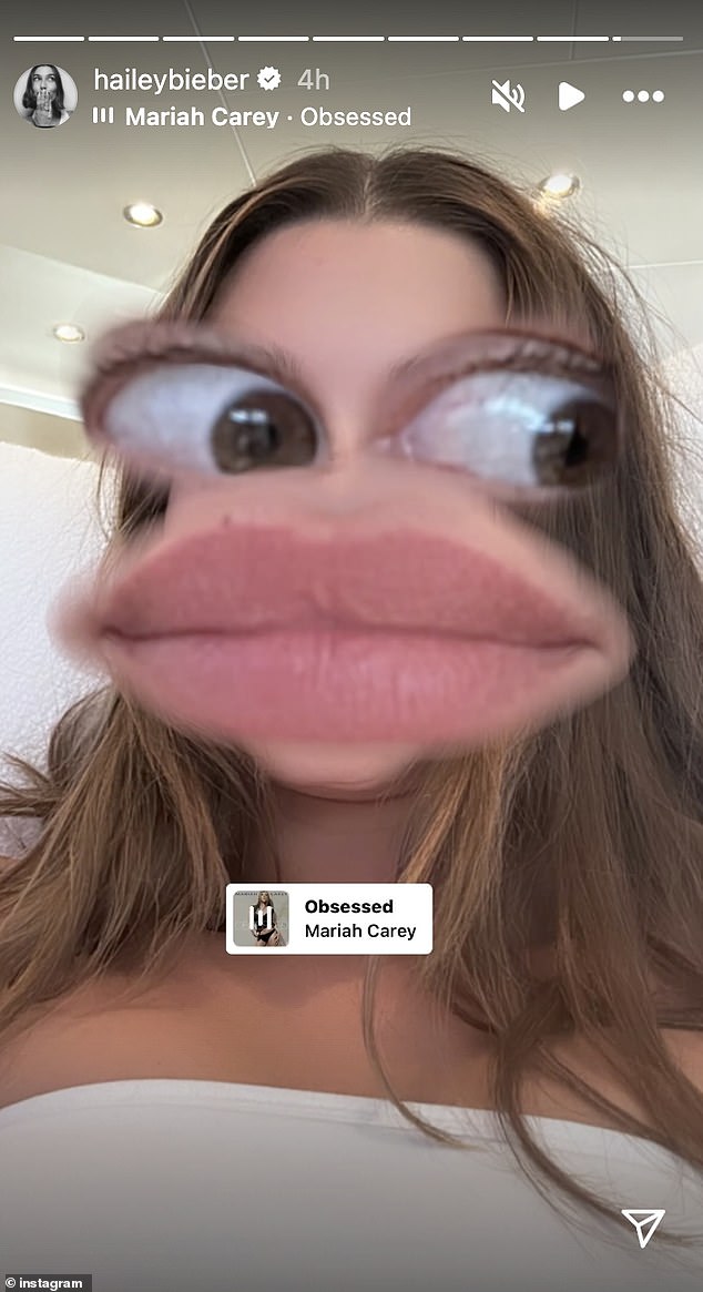She then added the track Obsessed by Mariah Carey to play in the background - which was possibly geared towards Braun's comments over Bieber's LP which dropped on Friday