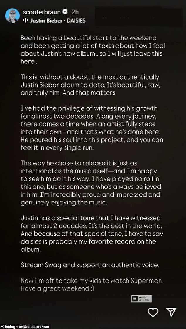 He wrote in a statement on Instagram: 'This is, without a doubt, the most authentically Justin Bieber album to date. It's beautiful, raw, and truly him. And that matters'