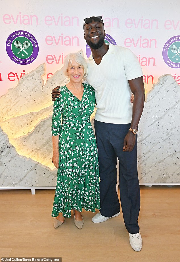 Elsewhere in the evian VIP suite, Dame Helen Mirren and Stormzy posed for a picture together