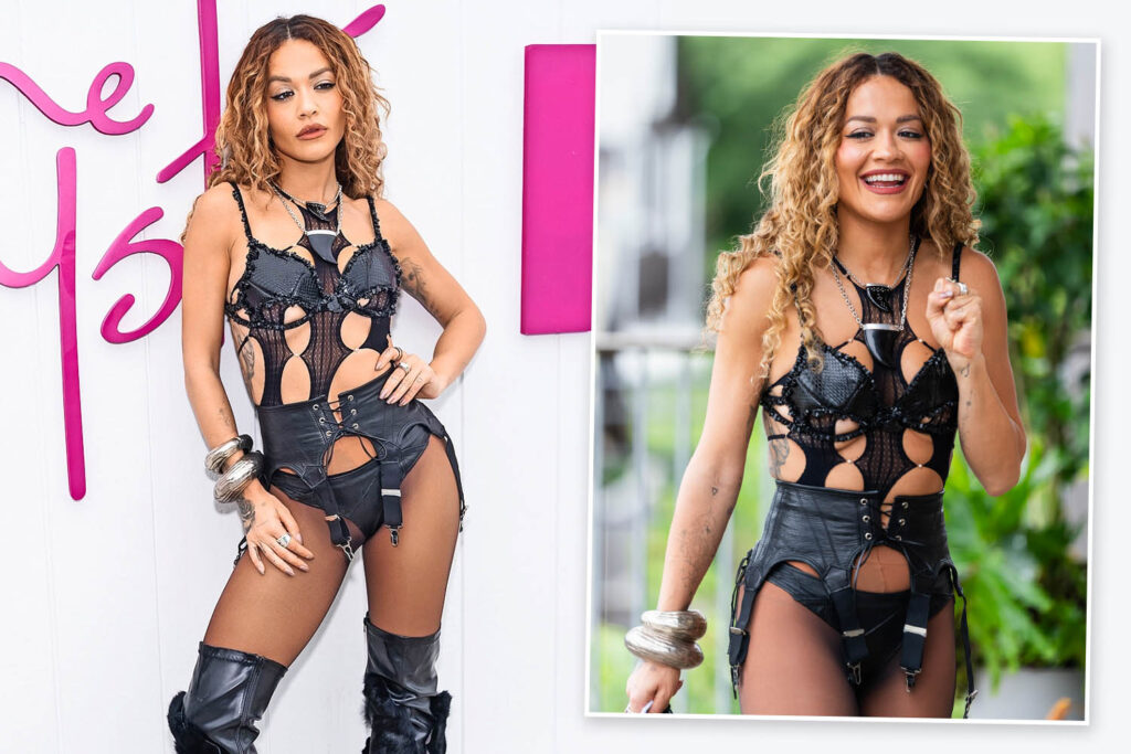 Rita Ora wows in skimpy Mad-Max style leather outfit that barely covers her boobs at NY fashion do