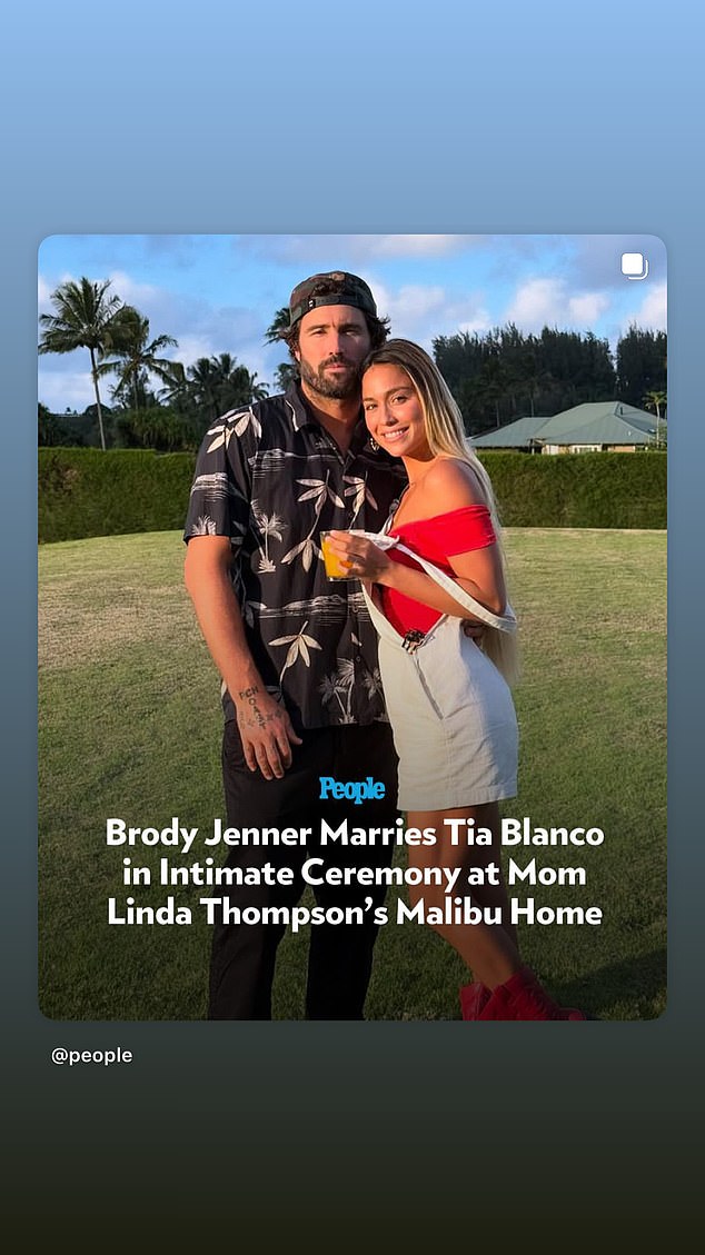 Pratt did share a post from People about the Jenner-Blanco wedding on Sunday morning, on his Instagram story