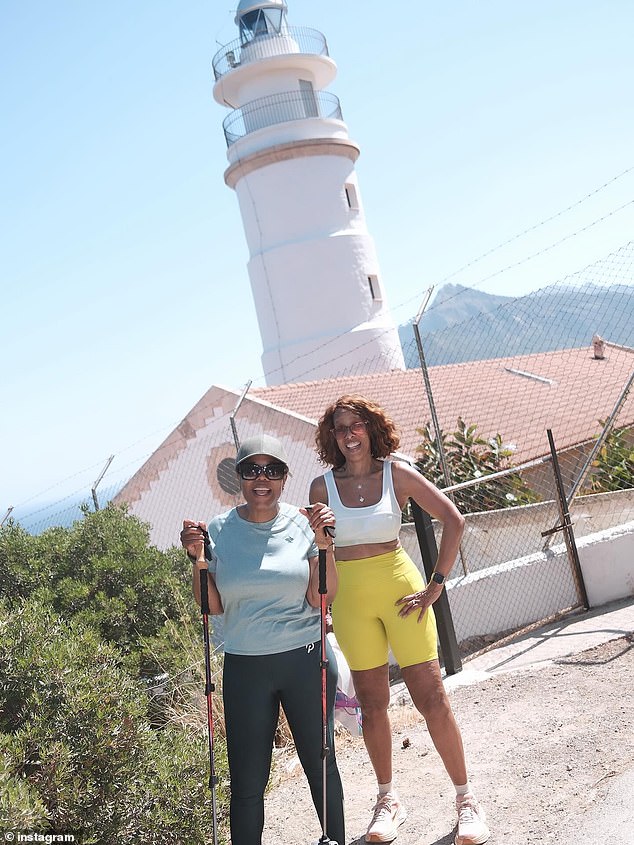 Oprah and Gayle went on a hike in Mallorca, as Oprah was seen grinning while holding two hiking poles