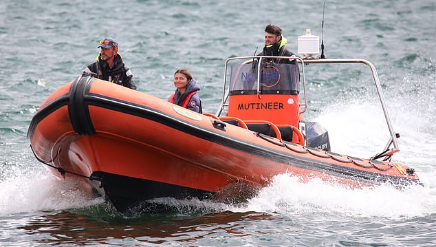 While Zendaya was later seen arriving back at Burghead harbour by speedboat, beaming in delight as the vessel zipped across the waves