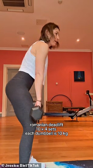The Fatal Destination producer-narrator proceeded to perform several sets of hip thrusts, Romanian deadlifts, hamstring curls, goblet step through lunges, cable med glute kickbacks, and kettlebell deadbugs in the gym