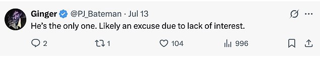 A number of X users slammed Good for the move, with one user saying that the political reasoning was 'likely an excuse due to lack of interest'