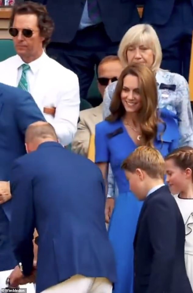 It came just hours before Matthew was praised by Wimbledon fans for his sweet gesture to the Royal Family on Sunday, because he stood up when the family arrived (pictured)
