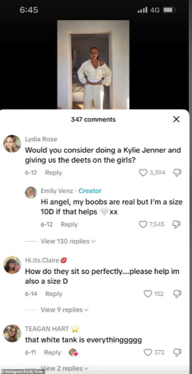 One fan flocked to the comments to ask Emily if she can share details about her boob job like Kylie Jenner recently revealed with her fans
